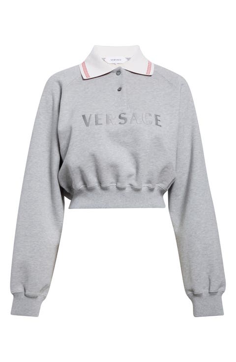 Embroidered Logo Greca Collar Cotton Fleece Crop Polo Sweatshirt