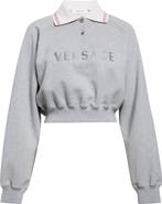 Versace Embroidered Logo Greca Collar Cotton Fleece Crop Polo Sweatshirt