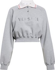 Versace Embroidered Logo Greca Collar Cotton Fleece Crop Polo Sweatshirt
