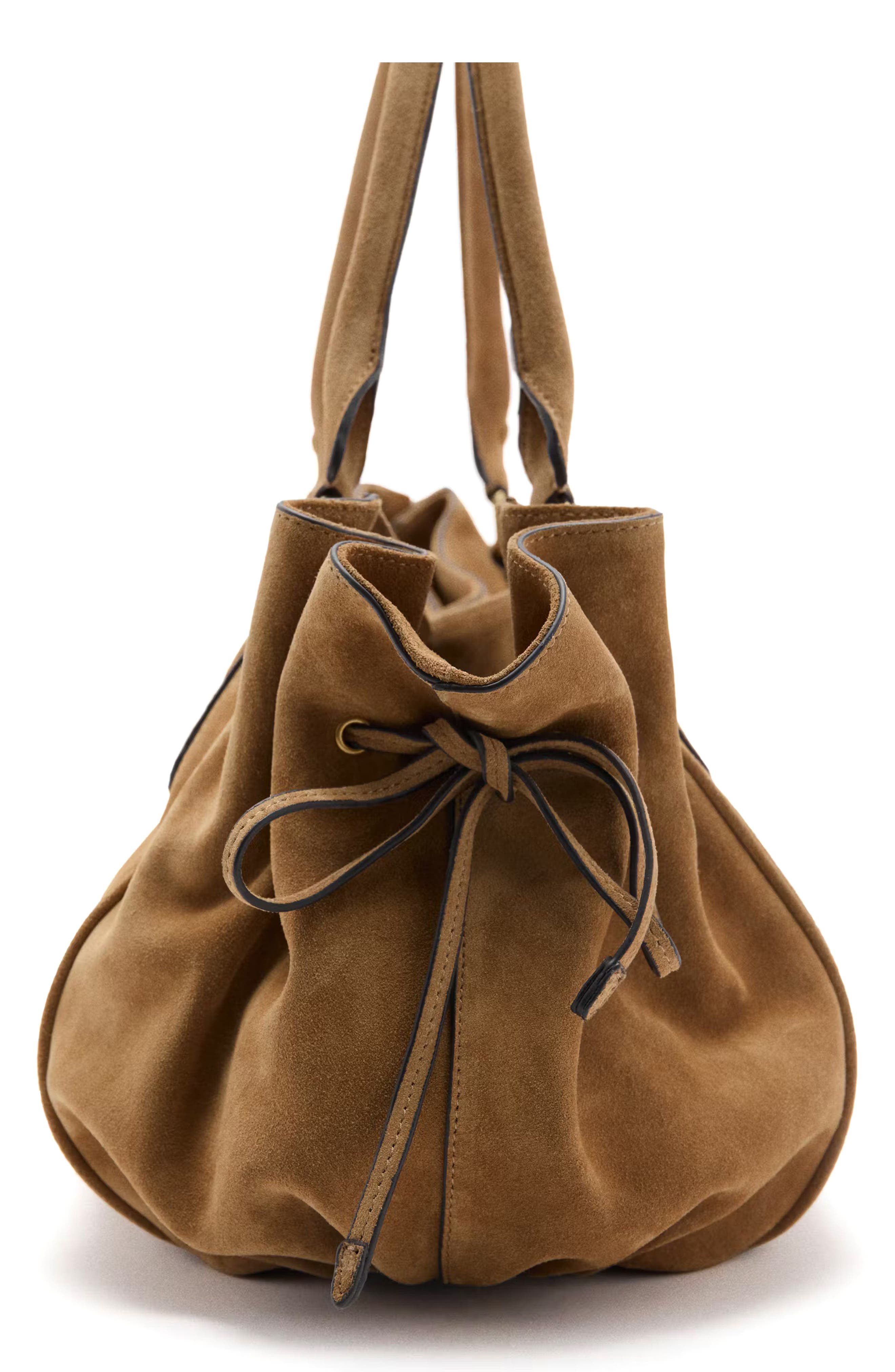 MANGO Starring Hailey Bieber Suede Shoulder Bag, Alternate, color, Medium Brown