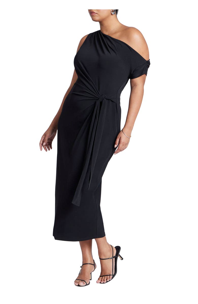 ELOQUII Off The Shoulder Tie Front Midi Dress, Main, color, Black Onyx
