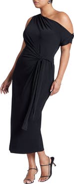ELOQUII Off The Shoulder Tie Front Midi Dress