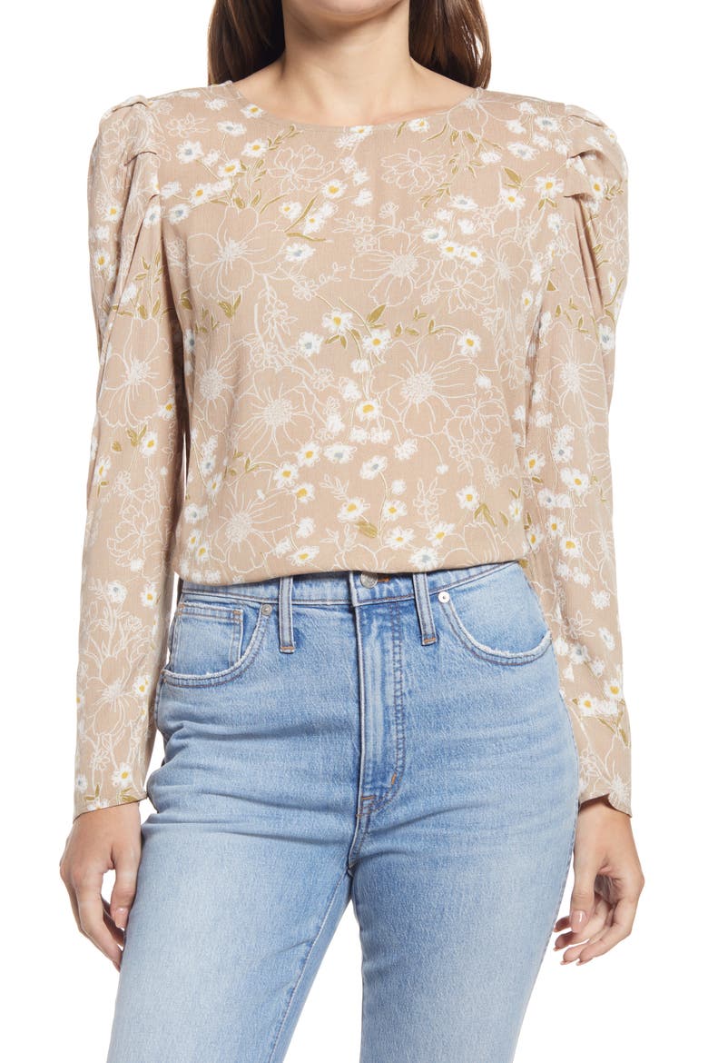 Floral Pleated Sleeve Top, Main, color, STONE SKETCHD FLORAL