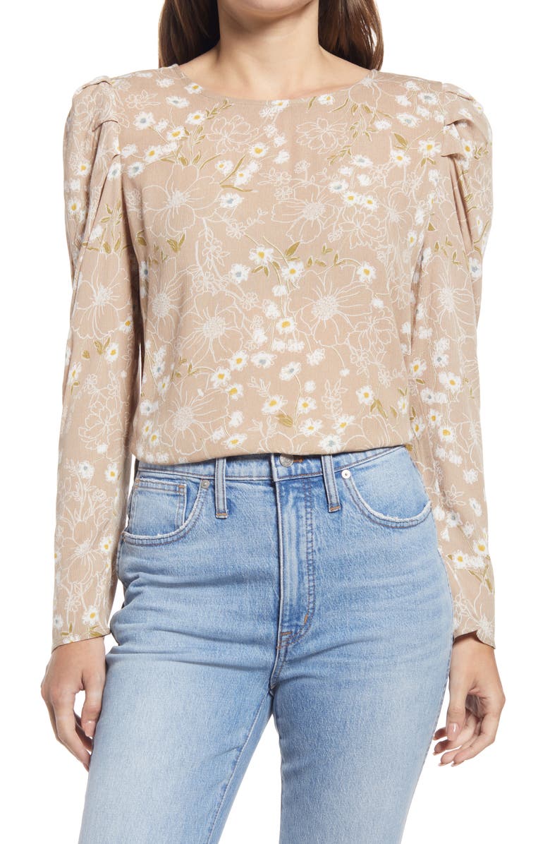 GIBSONLOOK Floral Pleated Sleeve Top, Main, color, Stone Sketchd Floral
