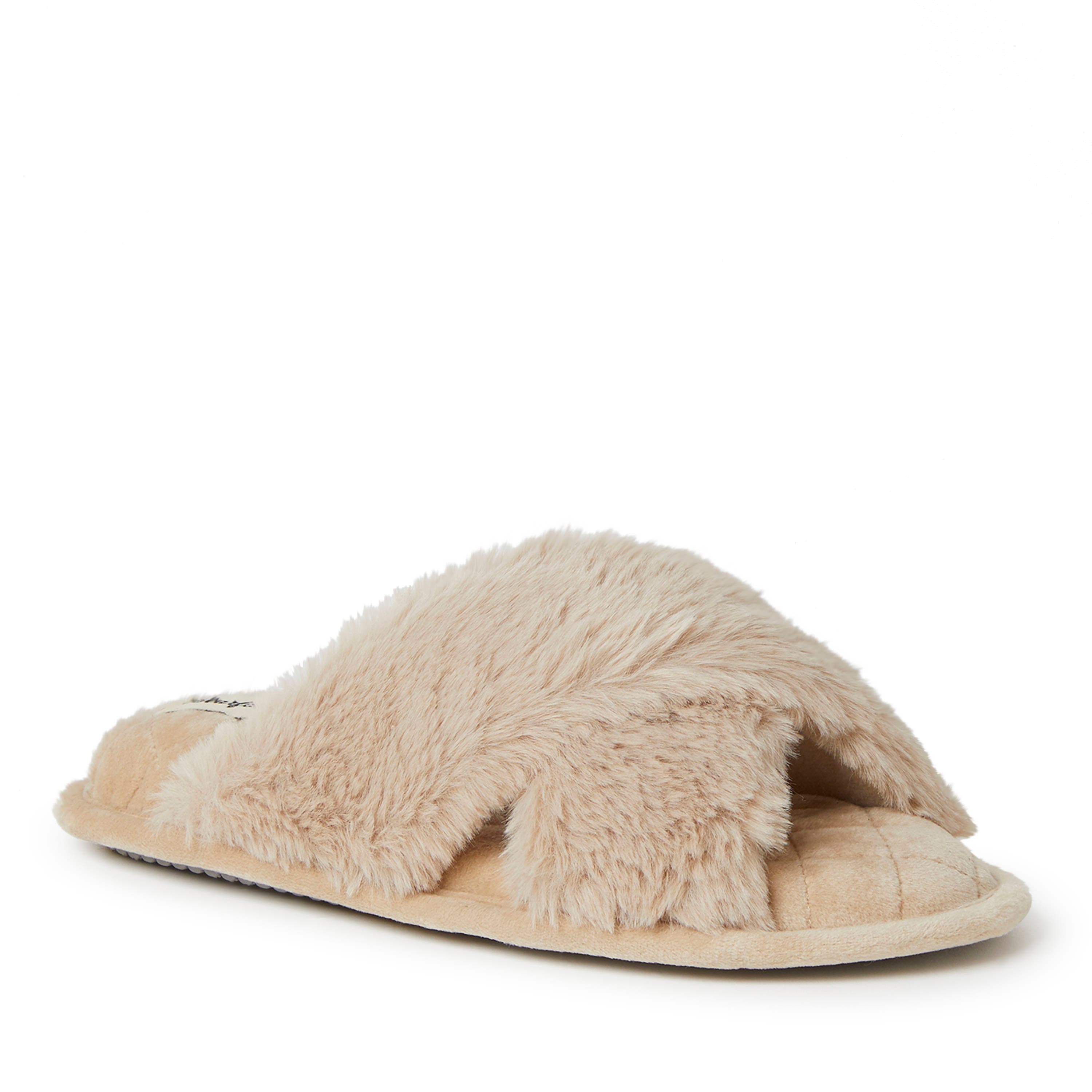 DEARFOAMS Jessica Furry Crossband Slide Slipper, Main, color, Latte