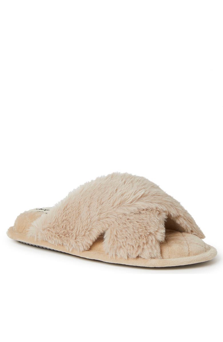 DEARFOAMS Jessica Furry Crossband Slide Slipper, Main, color, Latte