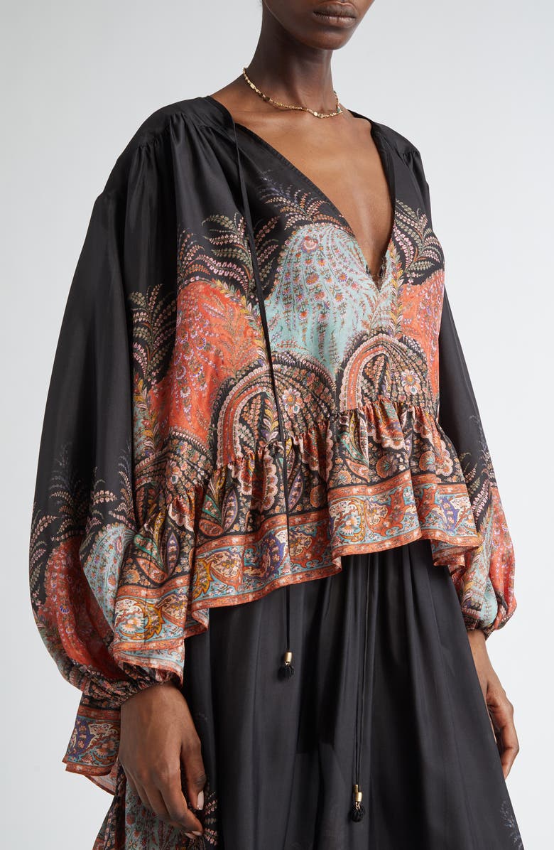 Zimmermann Rhiannon Ruffle Billow Top, Alternate, color, Black Paisley