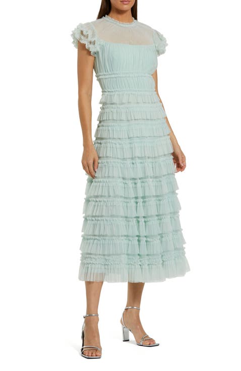 Solid Mesh Dot Micro Ruffle High Neck Midi dress