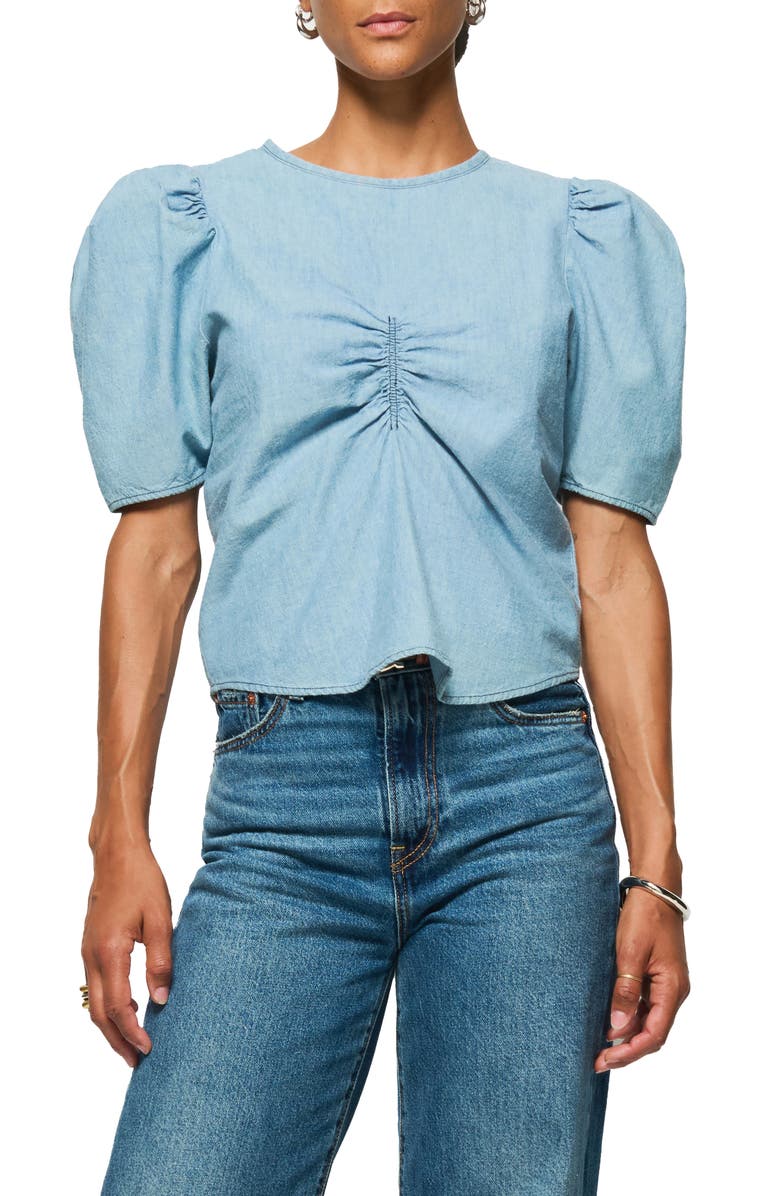 Nation LTD Cecily Center Ruched Organic Cotton Top, Main, color, Blue Chambray Faded Blue