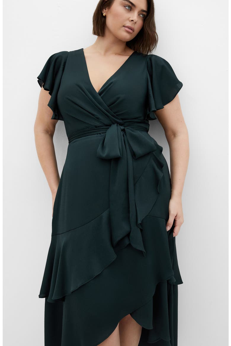 Jen Ruffle Faux Wrap Satin Dress, Alternate, color, HUNTER GREEN