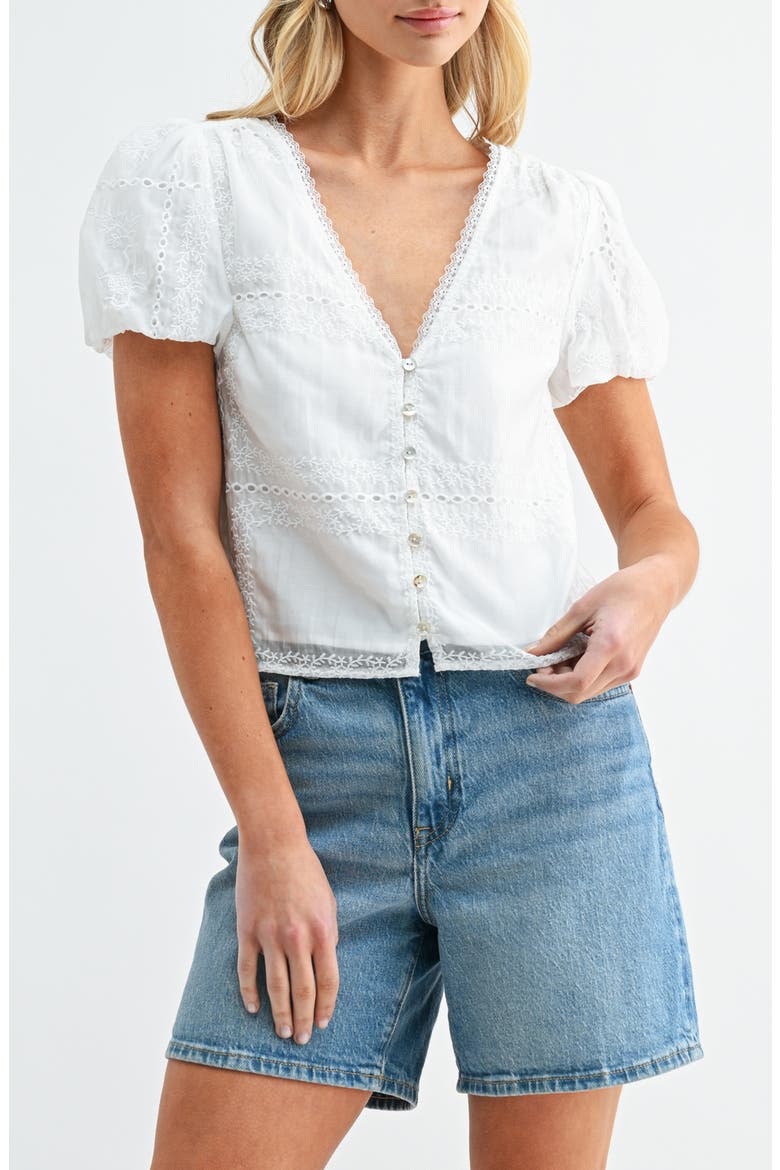 Puff Sleeve Button Front Top, Main, color, WHITE