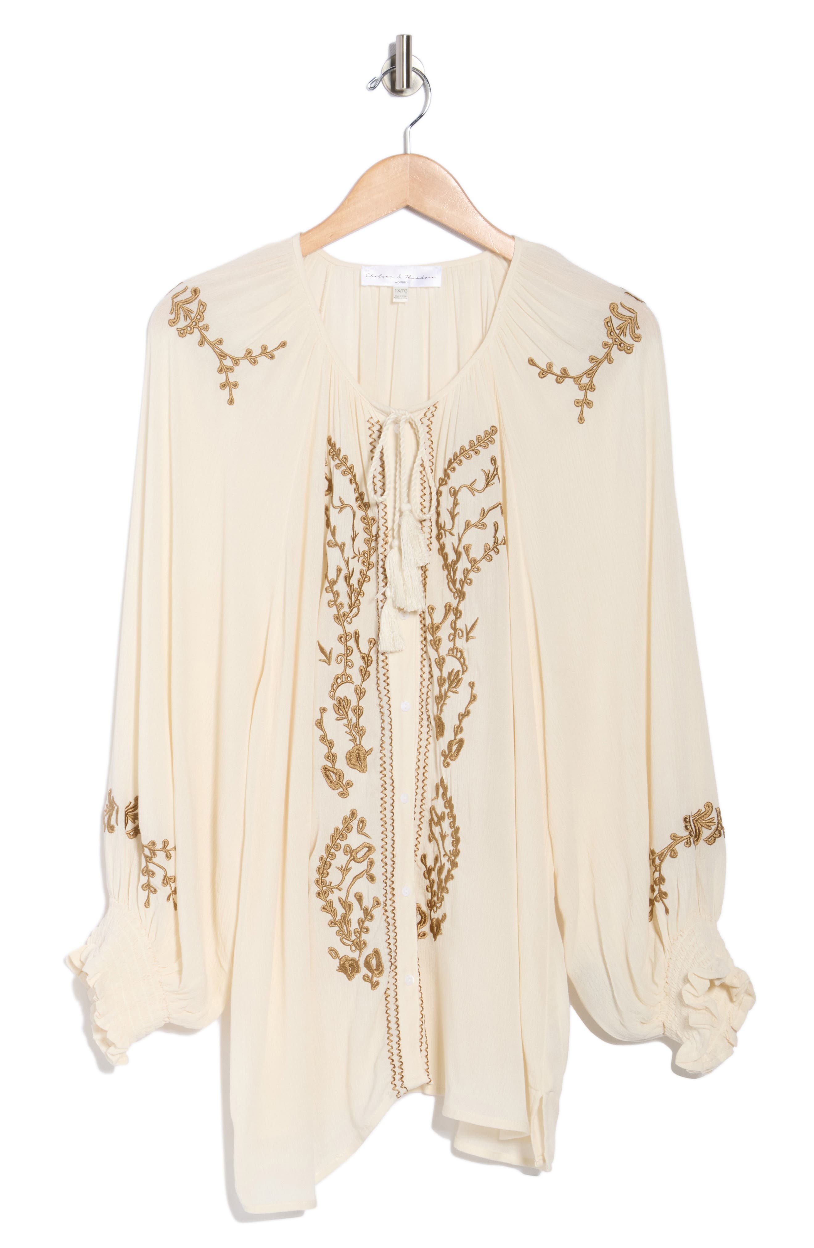 CHELSEA AND THEODORE Embroidered Balloon Sleeve Button-Up Top
