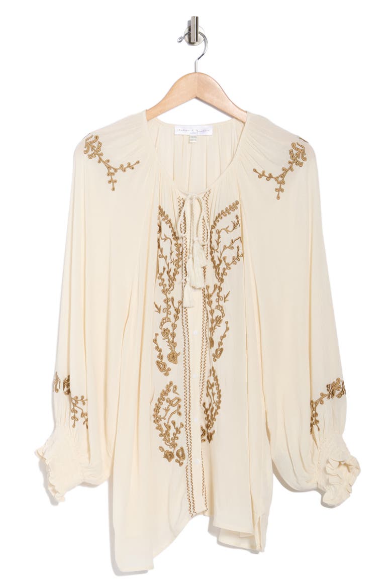 Embroidered Balloon Sleeve Button-Up Top, Alternate, color, BUTTERCREAM