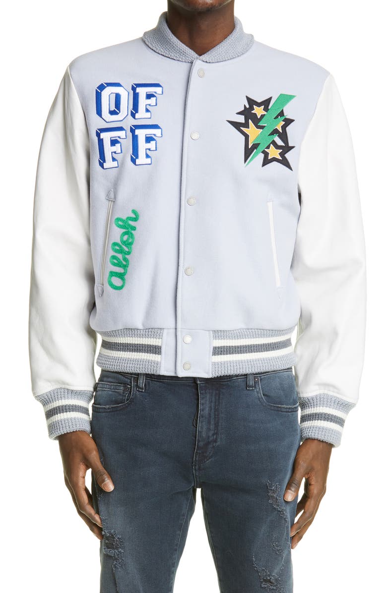 Off-White Logo Leather Sleeve Wool Blend Varsity Jacket, Main, color, 