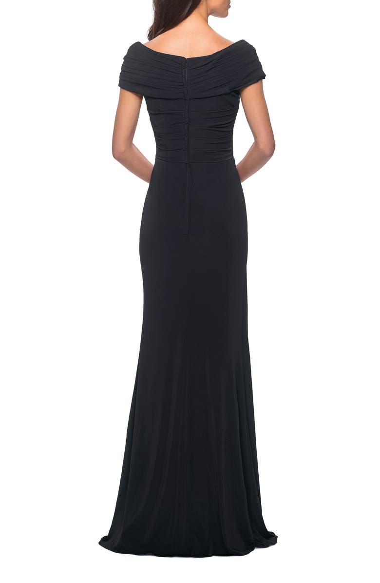 La Femme Ruched Jersey Long Gown with V-Neckline, Alternate, color, Black