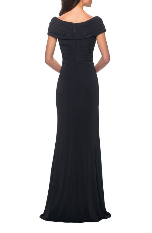 La Femme Ruched Jersey Long Gown With V-neckline In Black