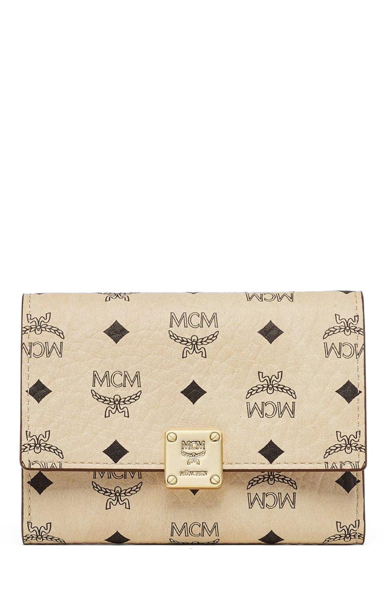 MCM Aren Trifold Wallet in Visetos, Main, color, Beige