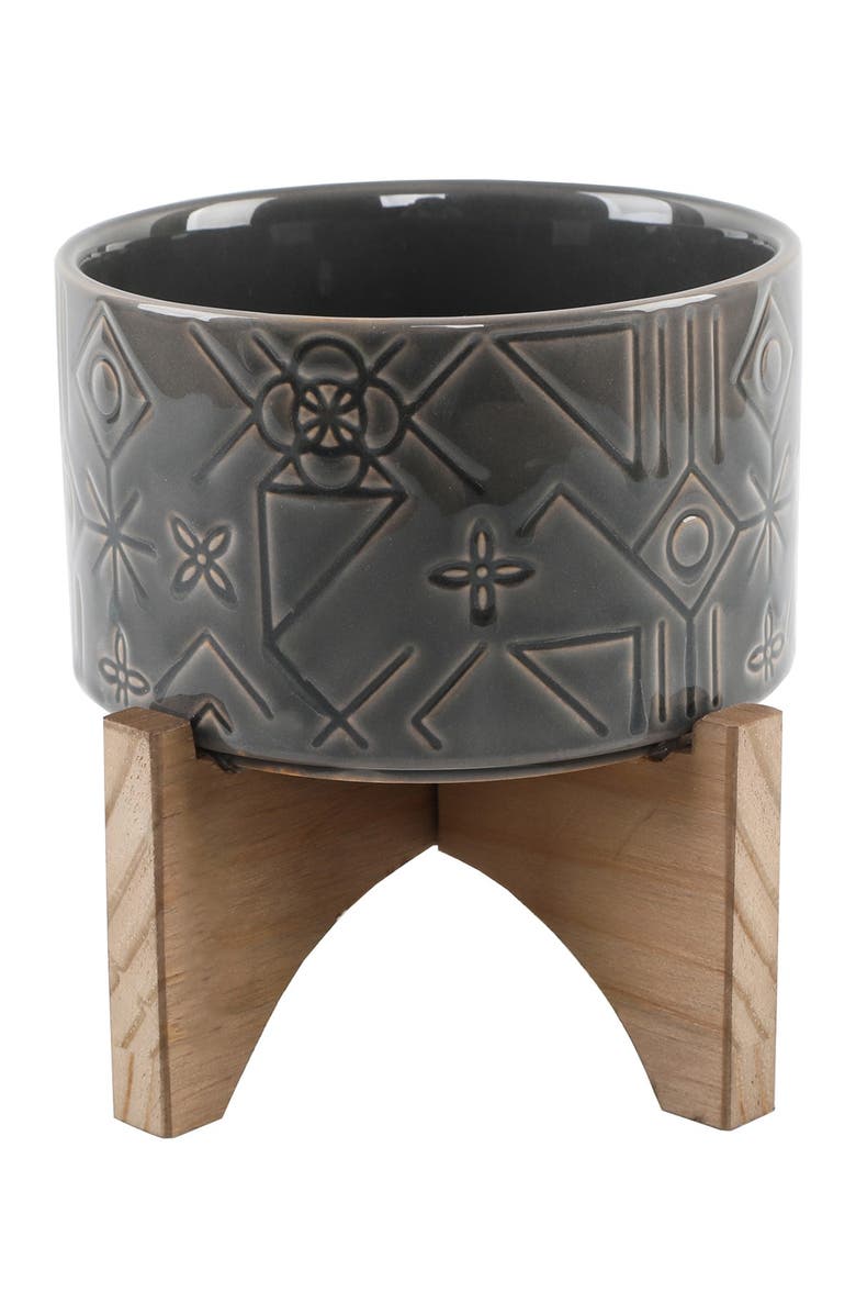 FLORA BUNDA 6" Pinwheel Ceramic Planter on Wood Stand - Glass Charcoal, Main, color, 