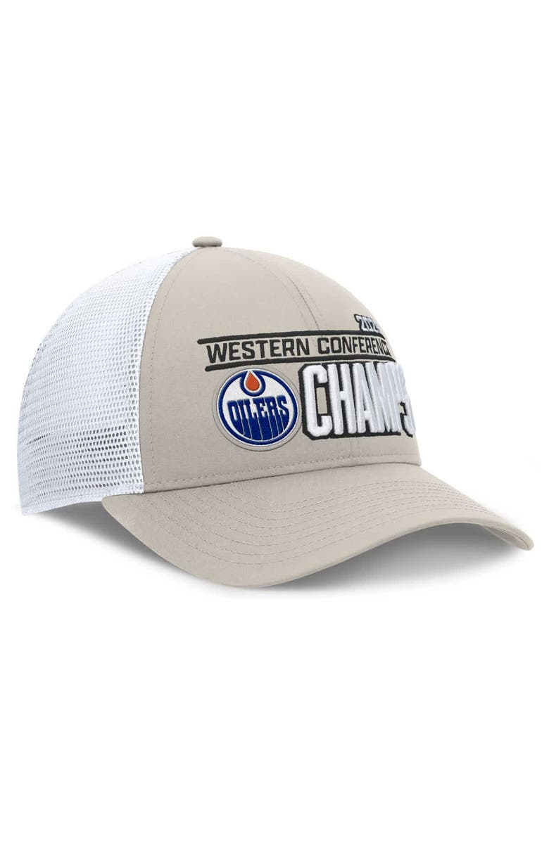FANATICS Men's Fanatics  Natural/White Edmonton Oilers 2025 Western Conference Champions Locker Room Trucker Adjustable Hat, Main, color, 