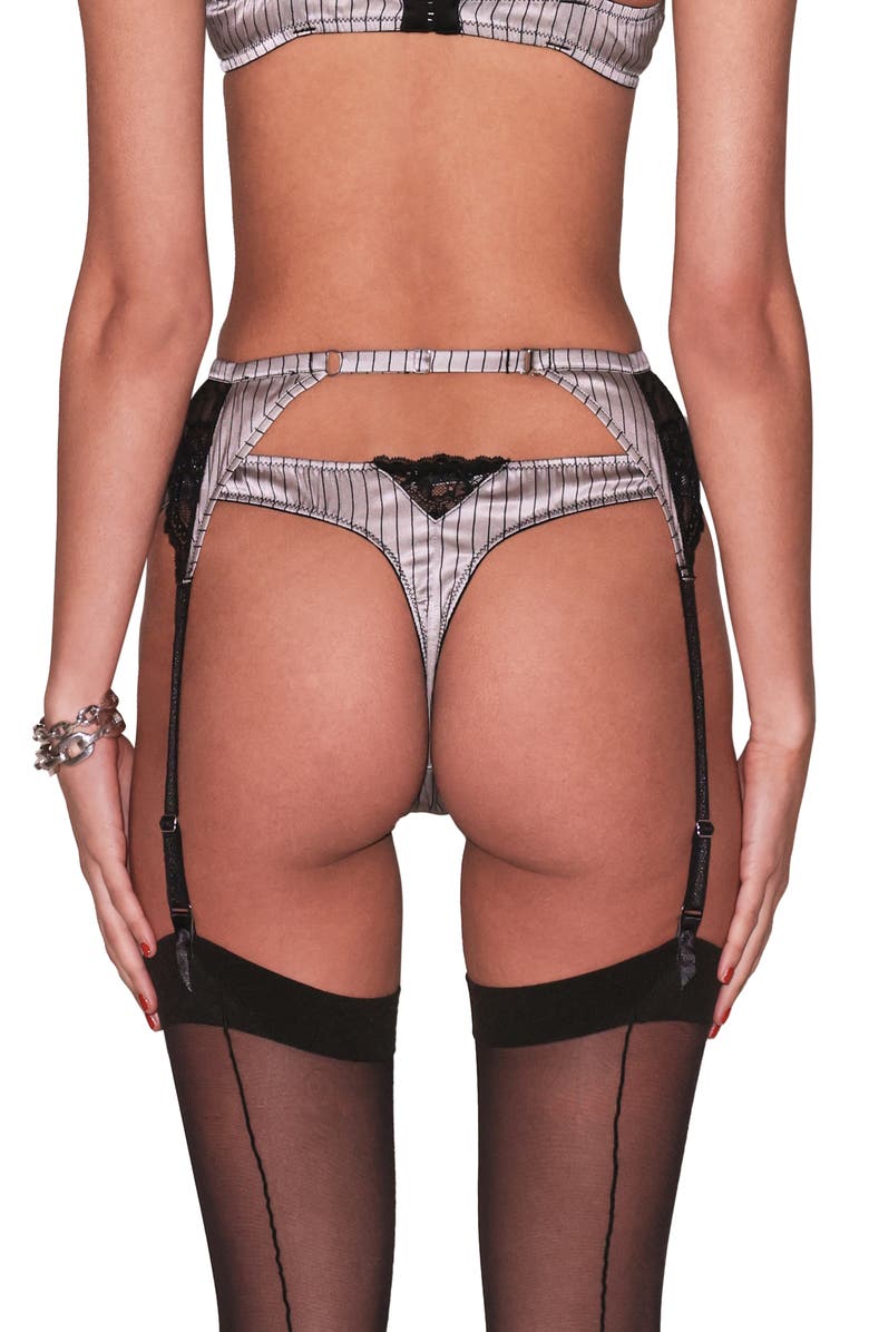 Fleur Du Mal Executive Lace Trim Stretch Silk Thong, Alternate, color, Ash Pinstripe