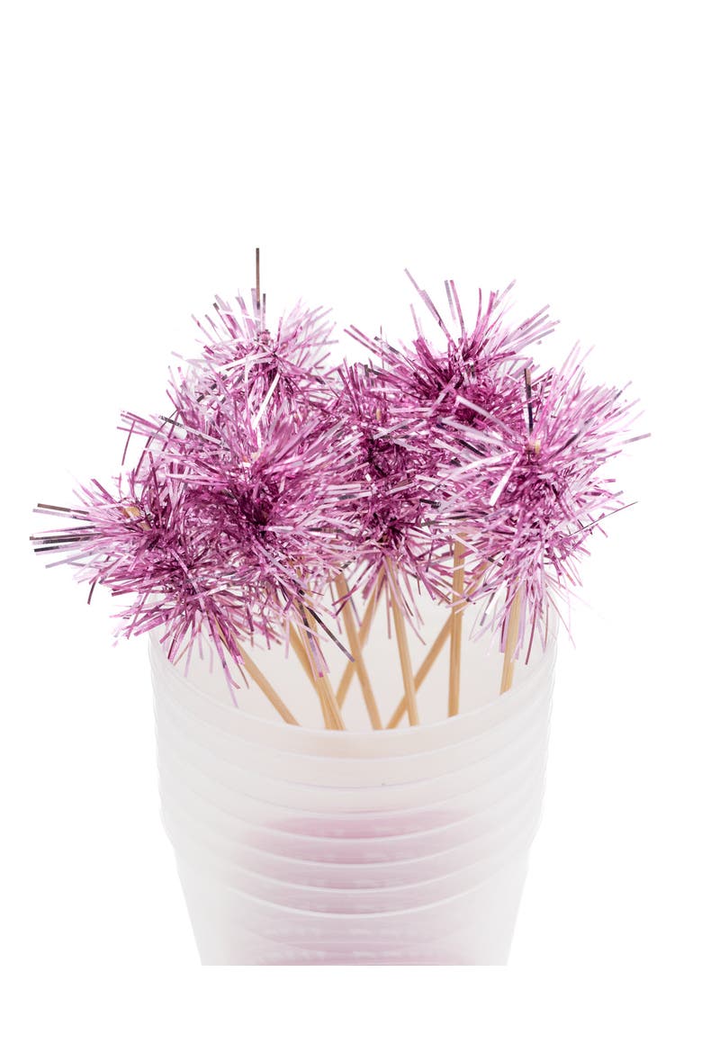 Wishful Drinking Pink Pom Pom Reusable Stackable Cups Set of 10 - 16 oz Shatterproof Party Cups with Pink Pom Pom Stirrers, 6.5x2.5 Inch, Alternate, color, Multicolor