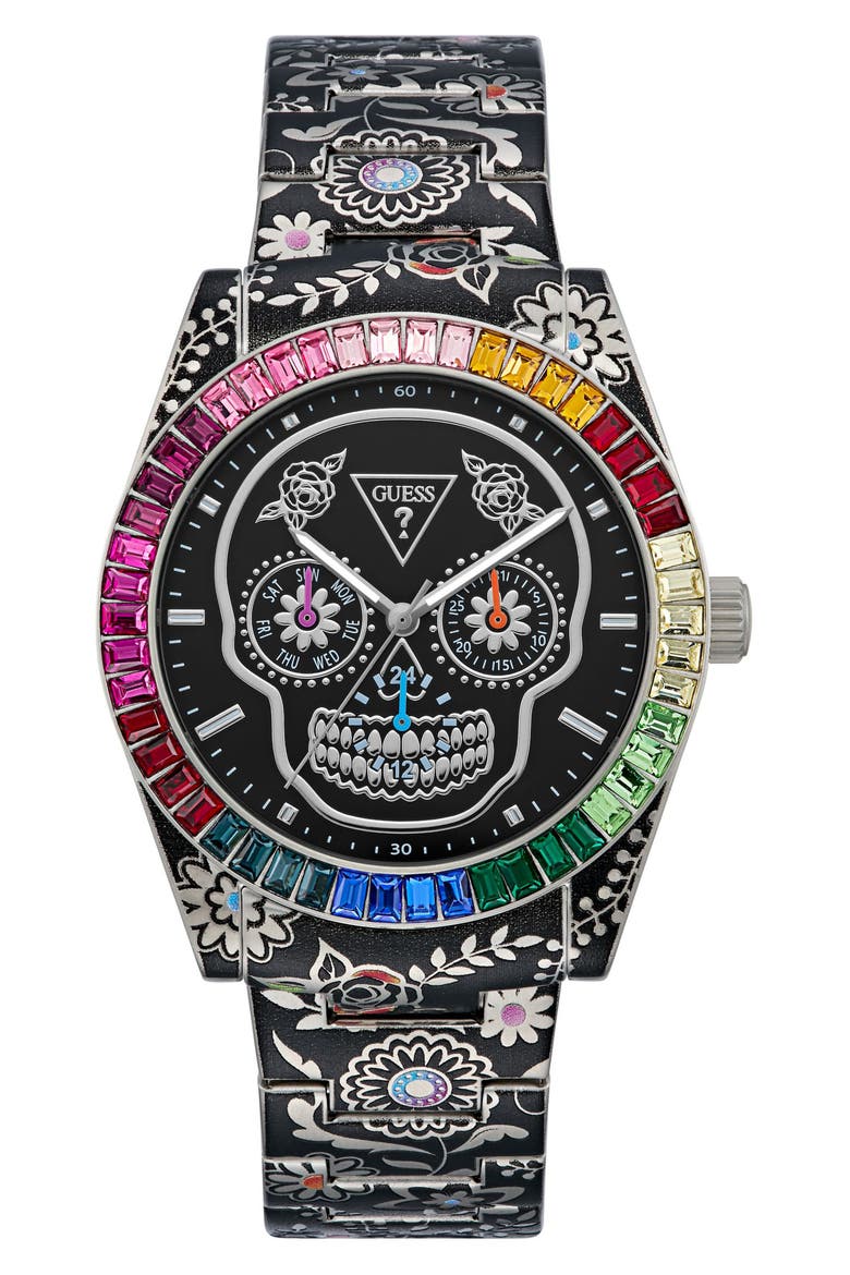 Day of the Dead Multifunction Bracelet Watch, 44mm, Main, color, SILVER TONE
