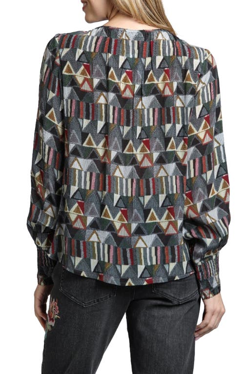 Apny Printed Smocked Cuff Top In Grey Multi