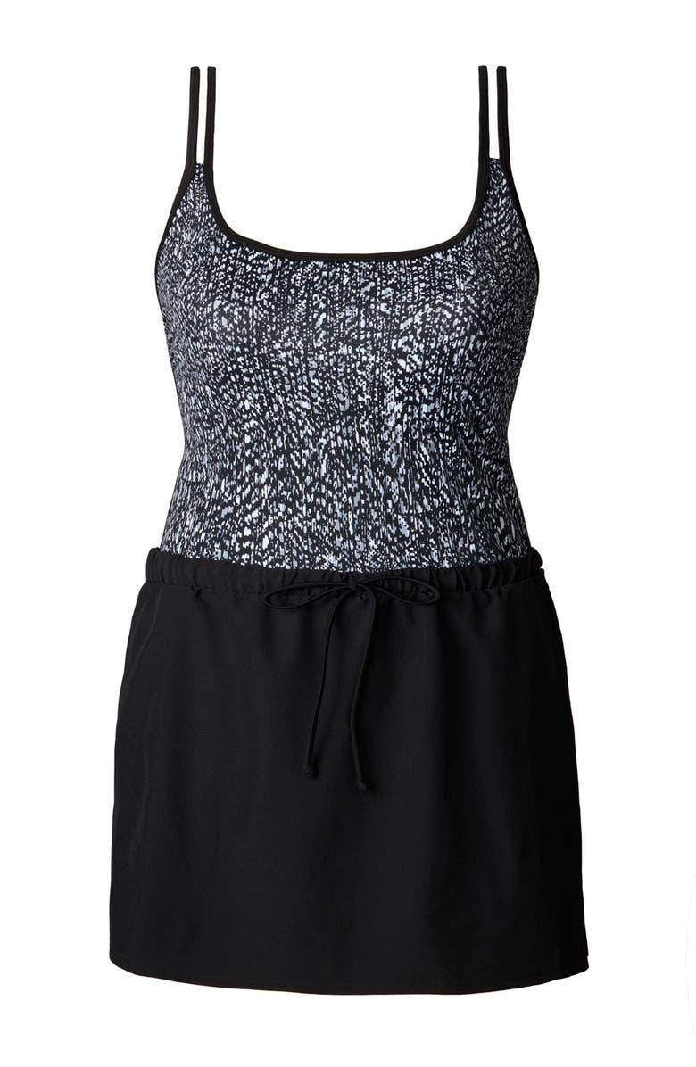 ShapeSolver Sport Skirted Runaround Chlorine Resistant One-Piece Swimsuit, Alternate, color, Pixel Twilight