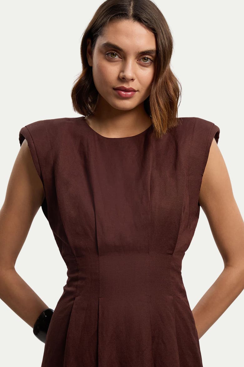 Linen Blend Pintuck Midi Dress, Alternate, color, Chocolate