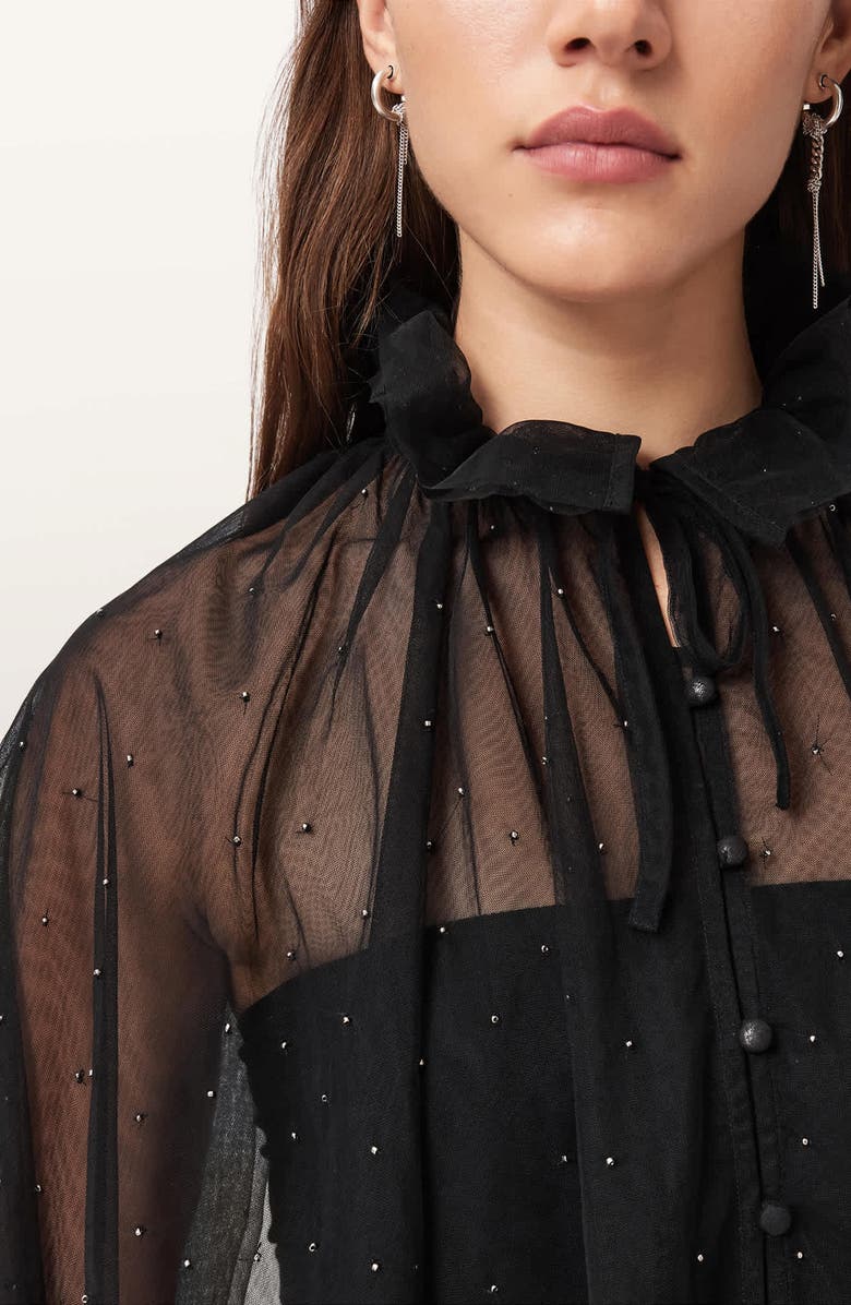 AllSaints Sez Embellished Sheer Tulle Cape, Alternate, color, Black