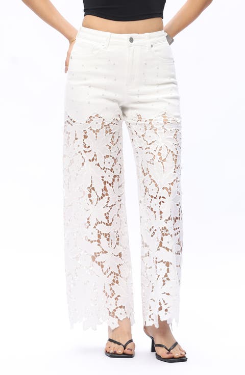Embellished Eyelet High Waist Wide Leg Jeans