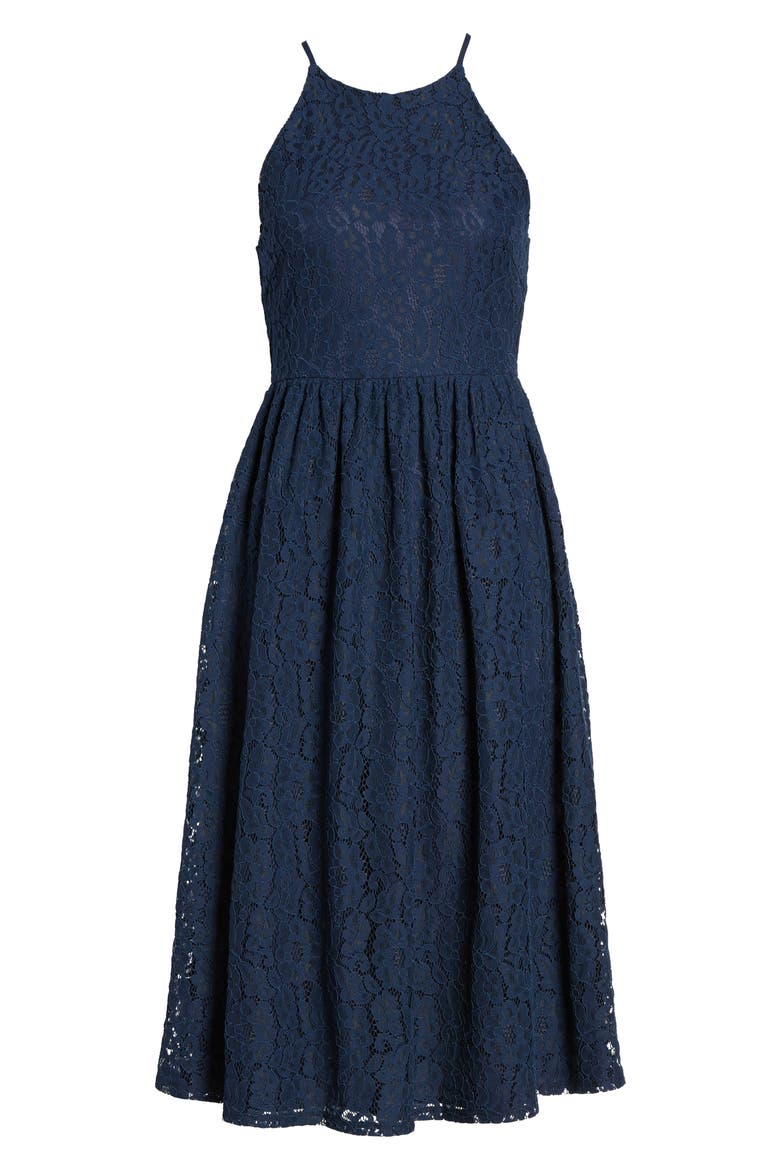 High Neck Lace Midi Dress, Alternate, color, NAVY