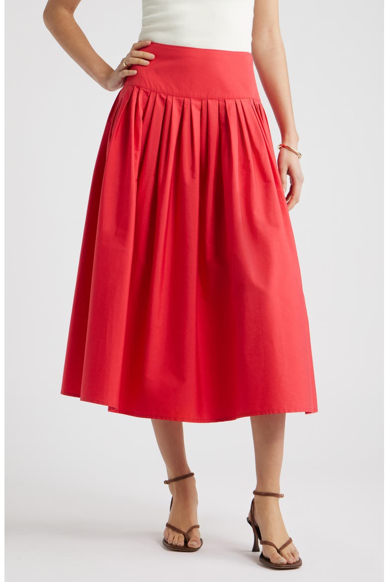 Pleated Cotton Poplin Skirt, Main, color, RED SAUCY