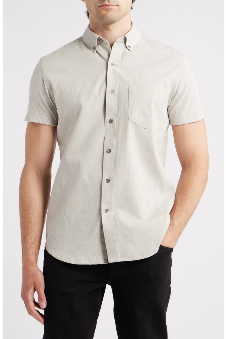 Reworked Slim Fit Solid Short Sleeve Cotton Button-Down Shirt, Main, color, TAUPE