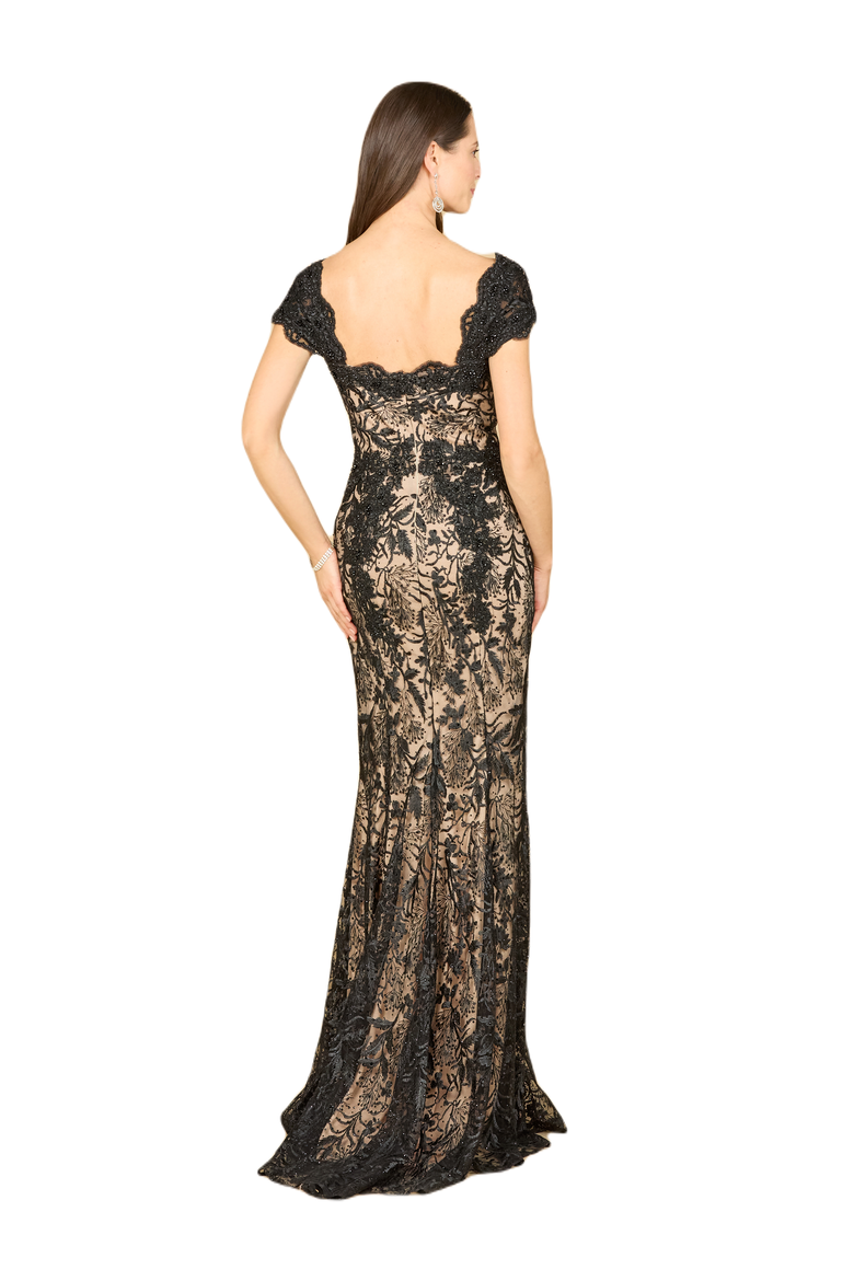 Long Bell Sleeve V-Neck Beaded Gown, Alternate, color, BlackNude