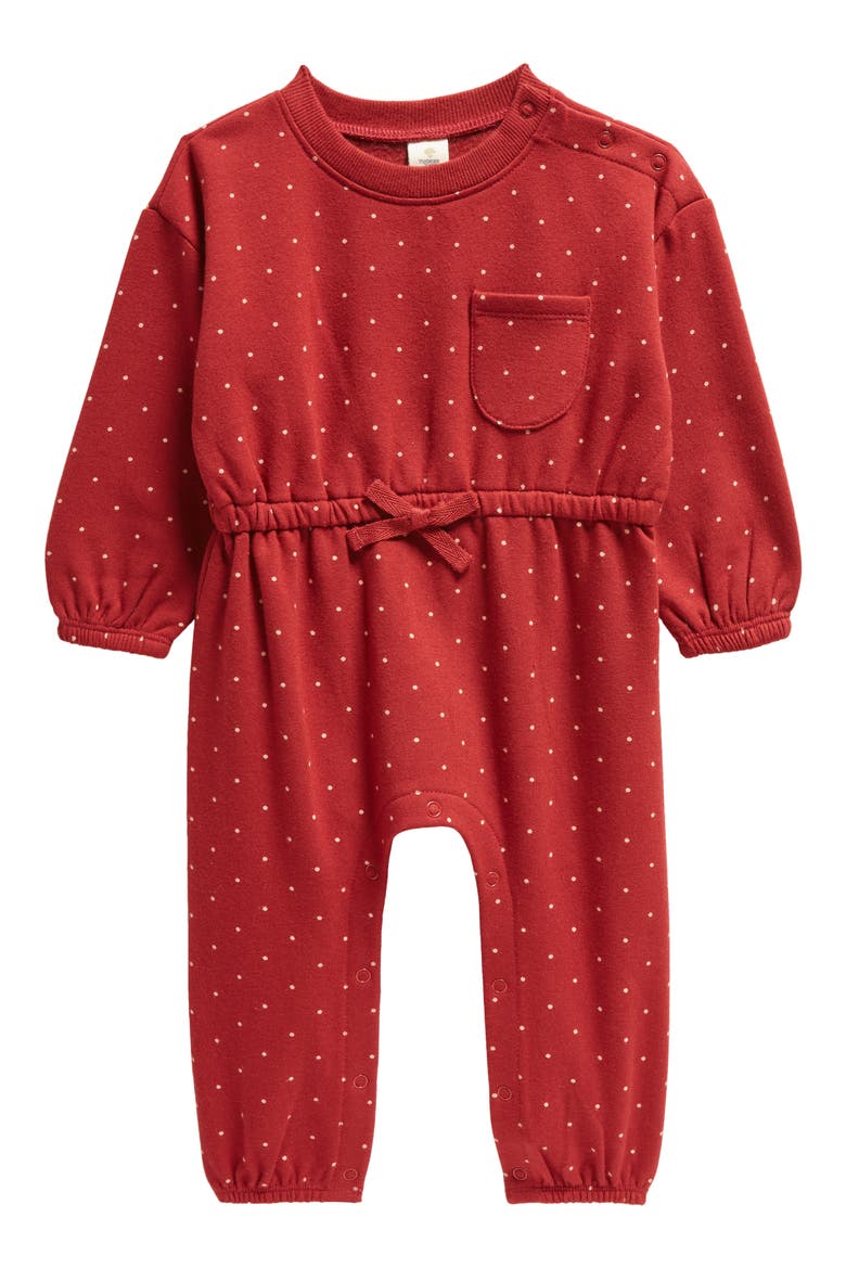 Print Fleece Romper, Main, color, RED SUN MINI DOTS