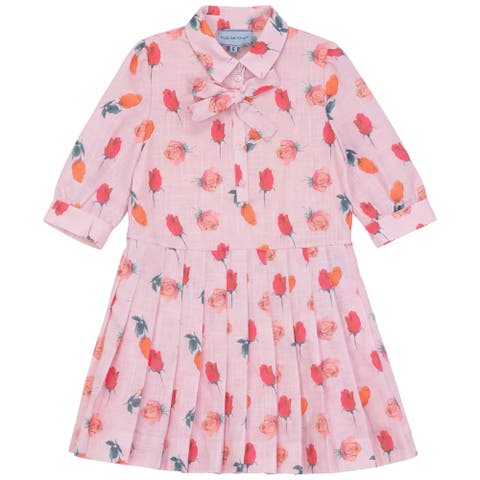 Rose Pleated Button Front Loose Fit Dress (Little Kid & Big Kid)