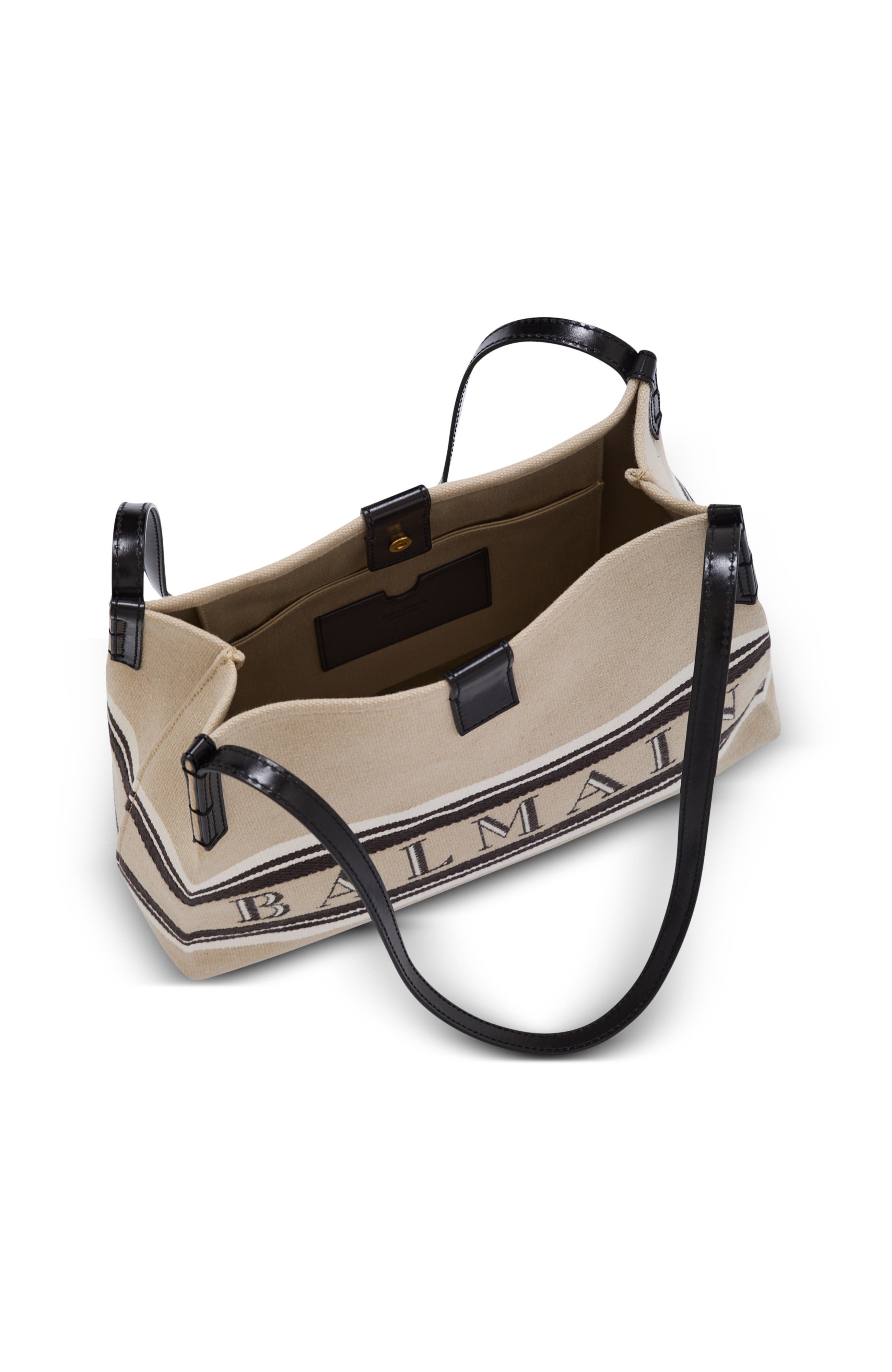 Balmain Small Release Shopper bag in canvas and calfskin, Alternate, color, Beige