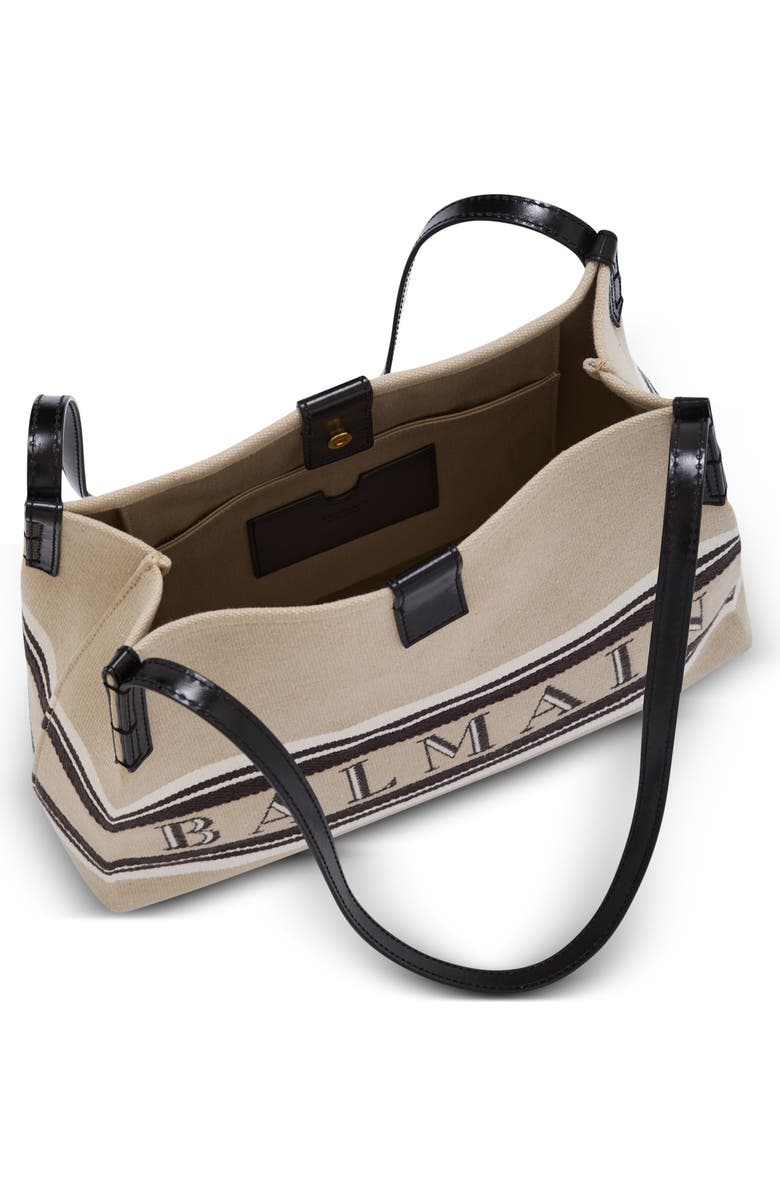 Balmain Small Release Shopper bag in canvas and calfskin, Alternate, color, Beige