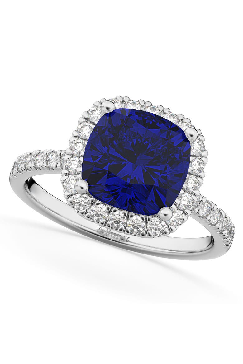 Cushion Cut Halo Blue Sapphire & Diamond Engagement Ring 14k White Gold, Main, color, 3.11ct/White Gold