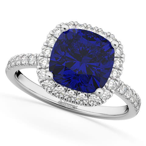 Cushion Cut Halo Lab Blue Sapphire & Lab Diamond Engagement Ring 14k