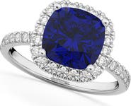 ALLUREZ Cushion Cut Halo Blue Sapphire & Diamond Engagement Ring 14k White Gold