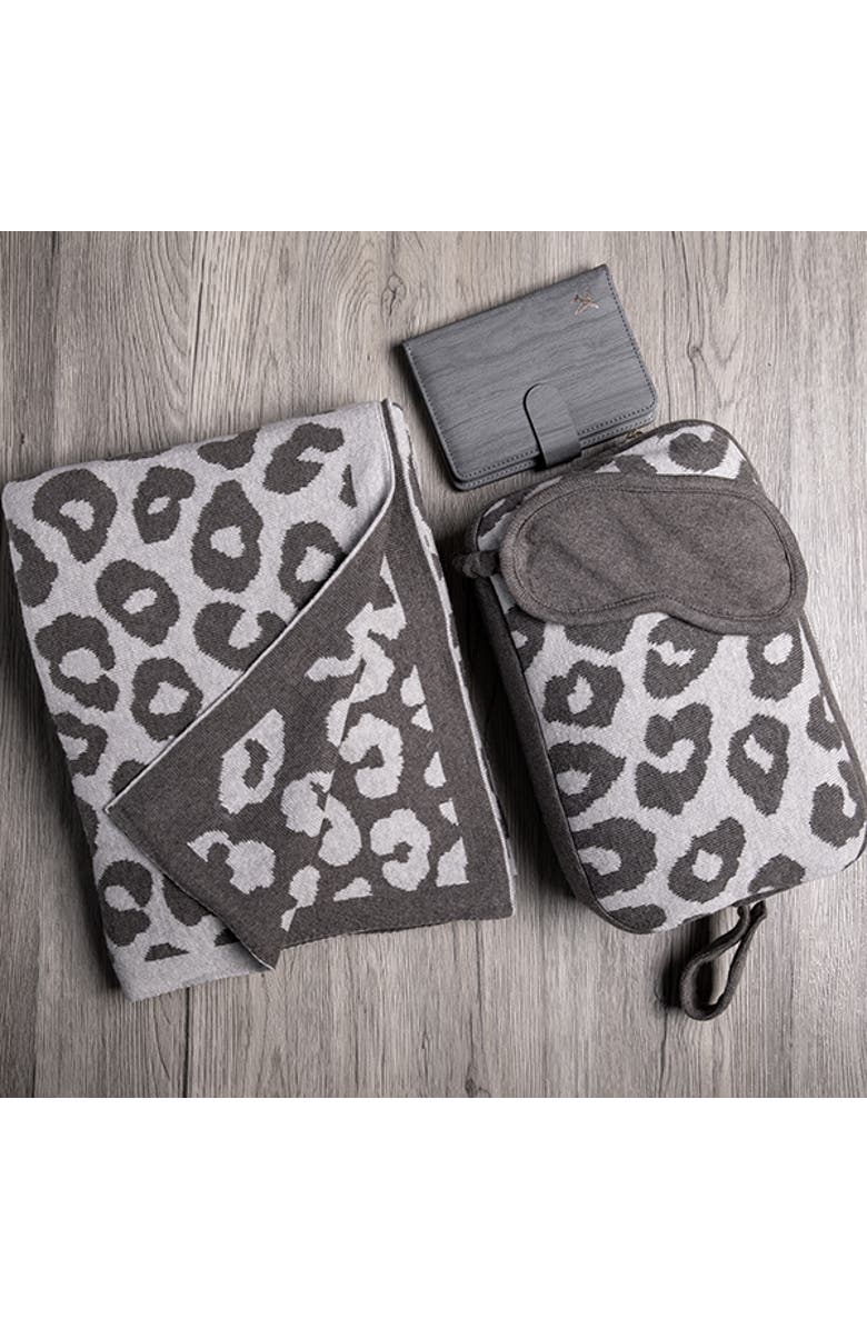 Pink Lemonade Leopard Organic Cotton Travel Blanket and Eye Mask Set, Main, color, Brown