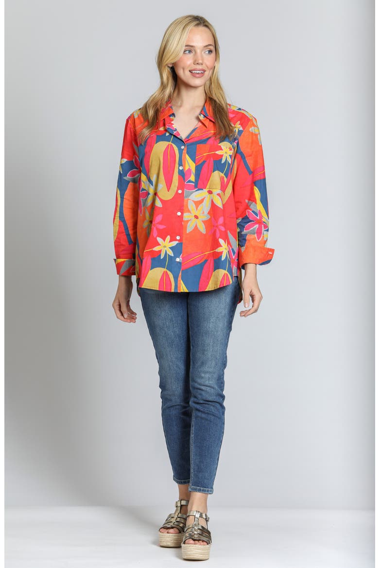 Print Cotton Button-Up Shirt, Alternate, color, BRIGHT ORANGE MULTI