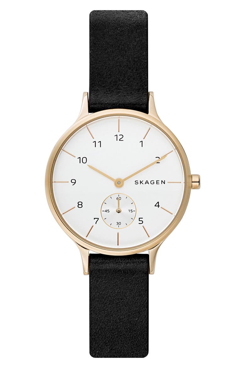 Anita Leather Strap Watch, 34mm, Main, color, BLACK/ WHITE/ GOLD
