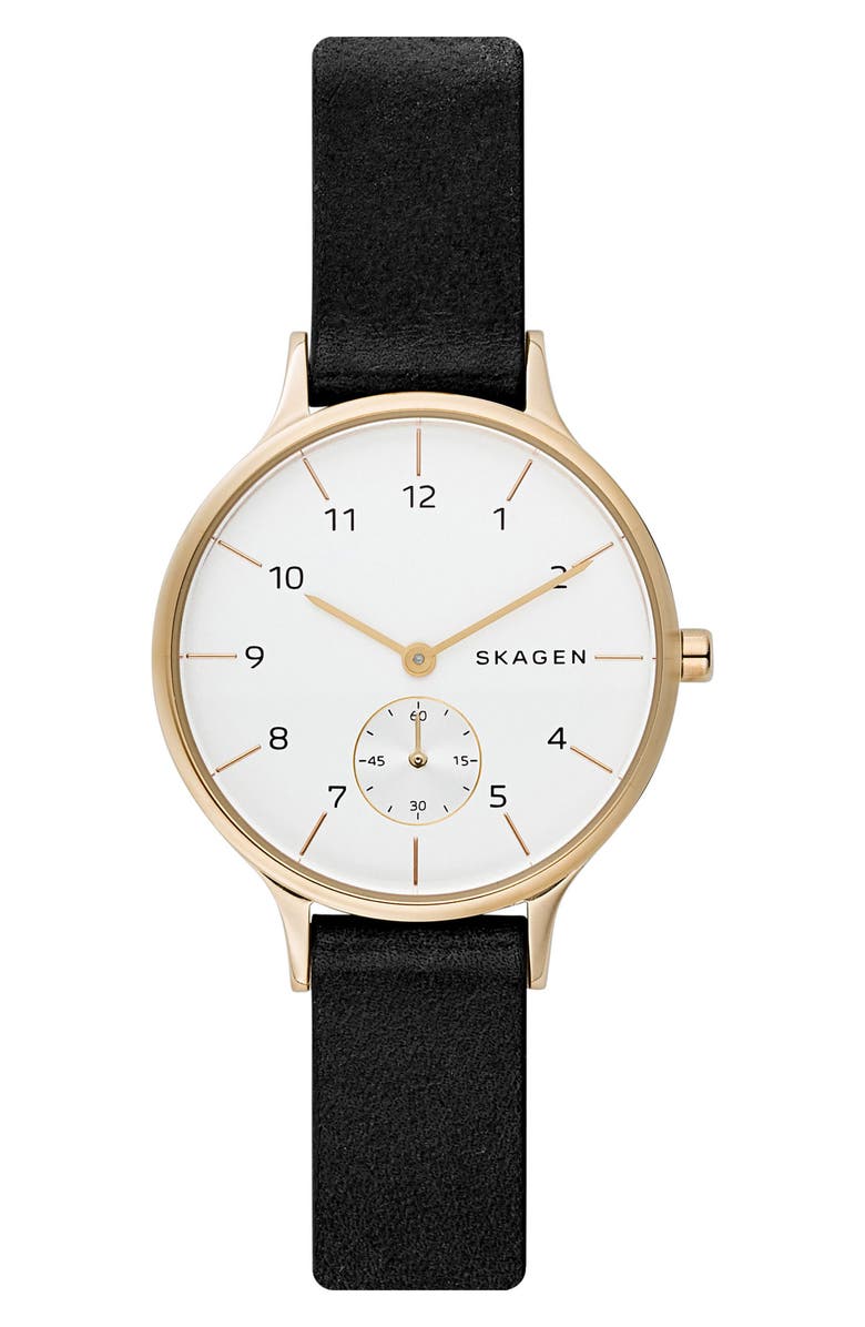 Skagen Anita Leather Strap Watch, 34mm, Main, color, 