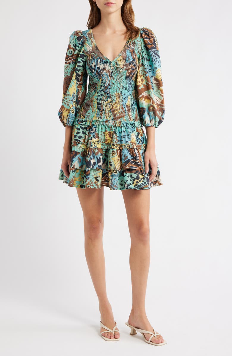 LOVE THE LABEL Audrey Smocked Layered Ruffle Long Sleeve Dress, Main, color, Born To Fly Print