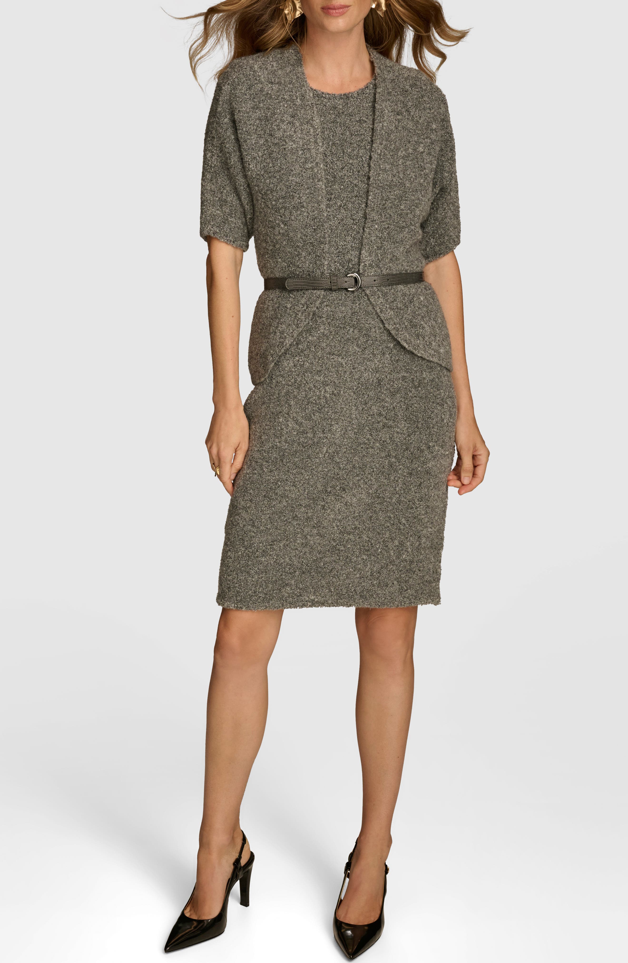 Donna Karan New York Bouclé Cardigan & Sheath Dress Set in Tin Heather 