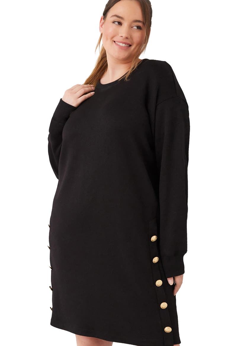 Crewneck Button Detail Shift Dress, Alternate, color, BLACK