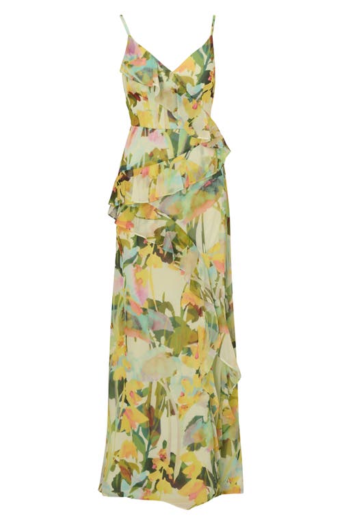 ADRIANNA PAPELL ADRIANNA PAPELL FLORAL CASCADE RUFFLE CHIFFON GOWN